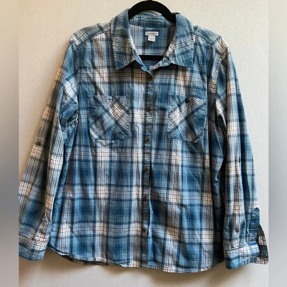 Carhartt Blue Plaid Button Up Shirt Youth XL 16/18 (Fits Women’s S / M)